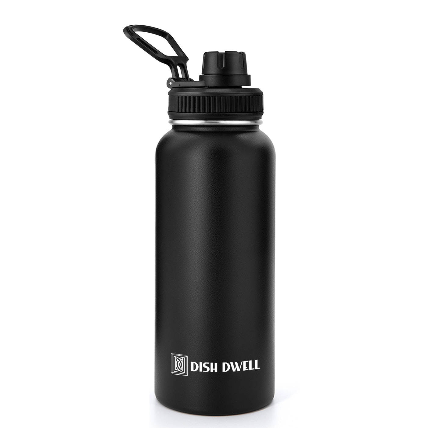 Dish Dwell 32 oz Insulated Water Bottle With Straw, , Stainless Steel Sports Water Cup Flask with 3 Lids (Straw, Spout and Handle Lid), Wide Mouth Travel Thermal Mug, Black