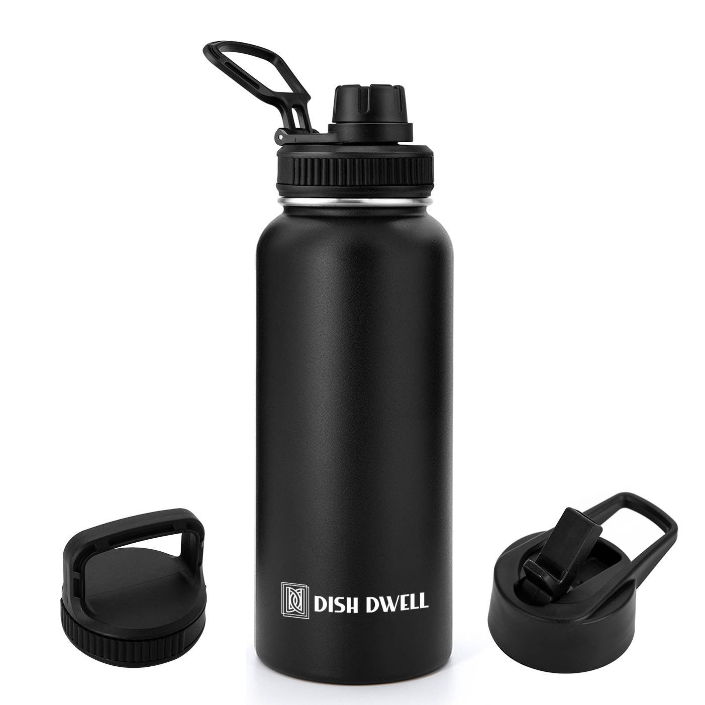 Dish Dwell 32 oz Insulated Water Bottle With Straw, , Stainless Steel Sports Water Cup Flask with 3 Lids (Straw, Spout and Handle Lid), Wide Mouth Travel Thermal Mug, Black