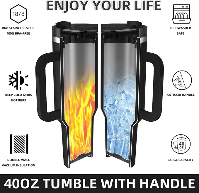 Insulated Stainless Steel Tumbler, 40 oz, Double-Wall Vacuum Insulation, Leak-Proof Lid, Travel Mug, BPA-free, 304 Stainless Steel, Black Color